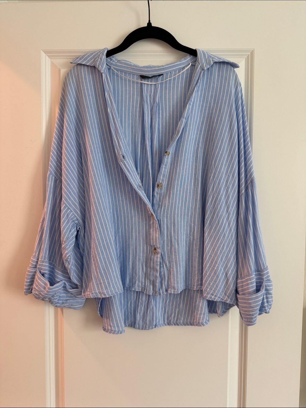 Zara Light Blue Striped Button-Front Women's Top